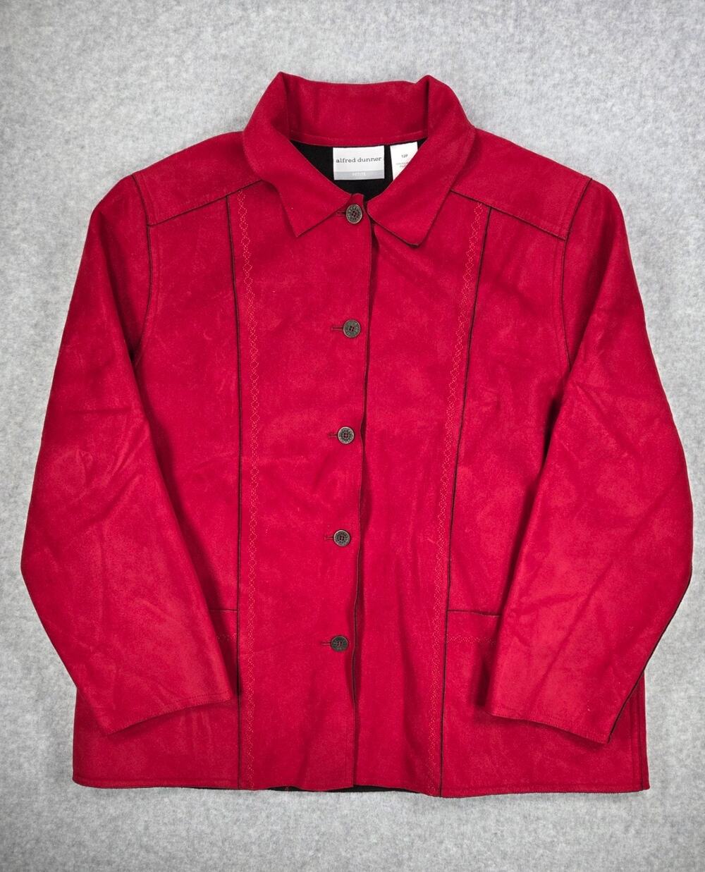 Alfred Dunner Faux Suede Jacket Womens 12P Red Fleece Button Up Cozy Holiday